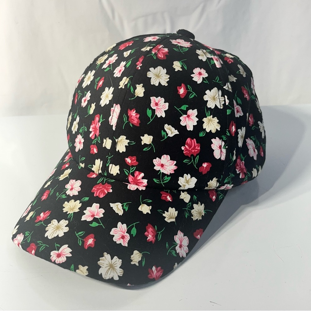 Floral Baseball Cap Black Pink White Botanical Print Adjustable Hat OS